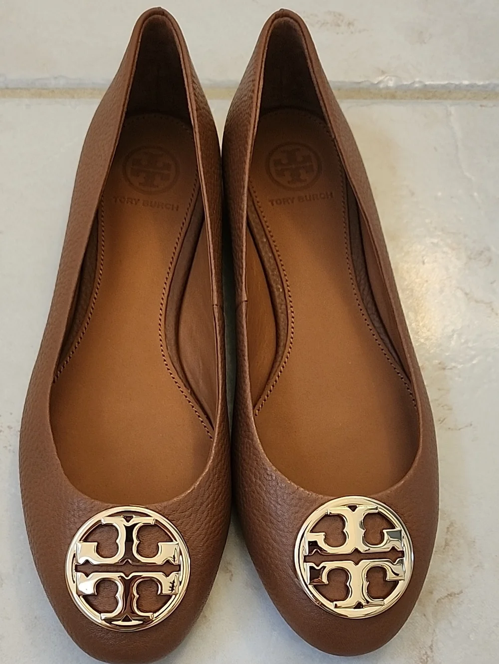 Tory Burch Brown Pebbled Leather Logo Ballet Flats